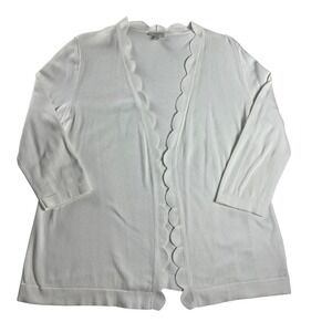 Talbots Open Front Cardigan White Scalloped Trim Cotton Knit Classic Womens L